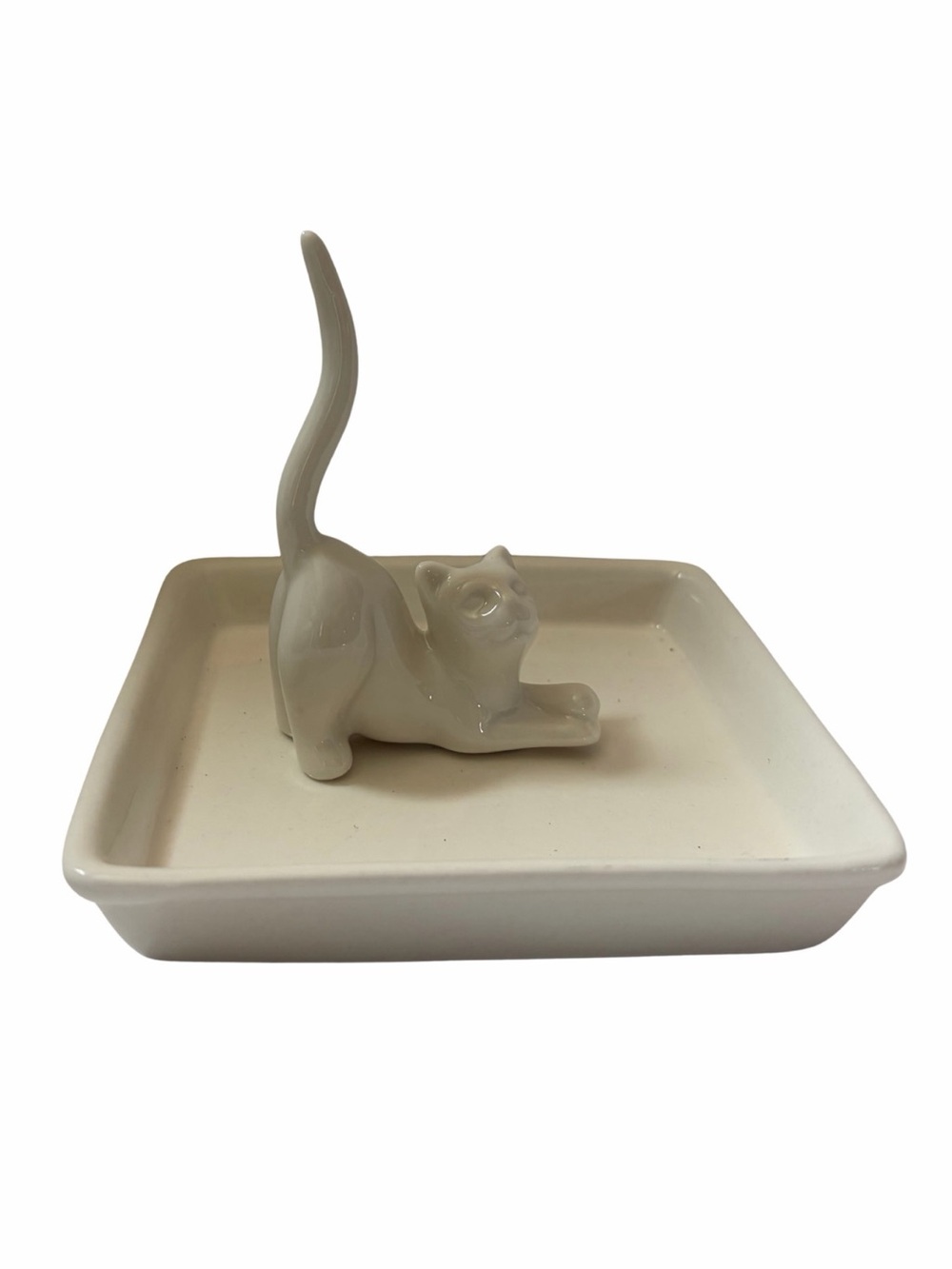 Ceramic White Cat Jewelry Dish Ring Holder Trinket Tray Cat Mom Gift